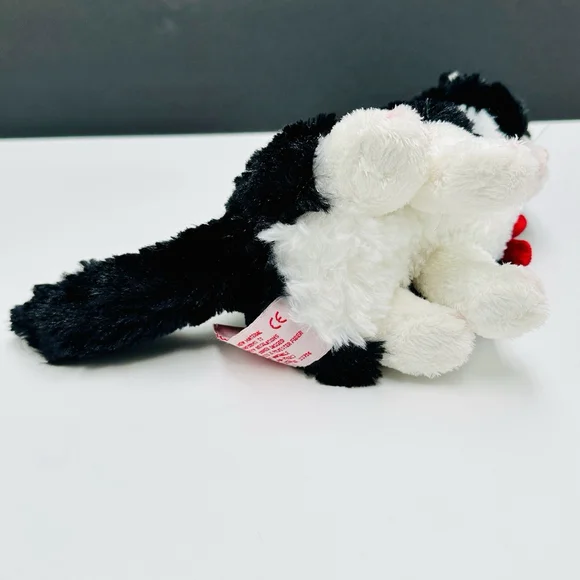 Russ Berrie Black and White Kitty Cat 8” Red Bow Sitting Stuffed Plush Tuxedo - Picture 6 of 7